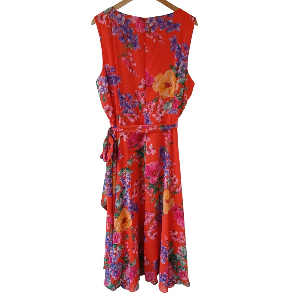 Jessica Howard 18W Orange Floral Sleeveless Pleated Midi Dress Ruffle Hem Belted - Picture 4 of 11